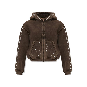 Sudadera con capucha de lujo unisex de corte holgado con cremallera, pedrería y lavado ácido desgastado, sudadera con pedrería personalizada, ropa urbana unisex - Product Image 2