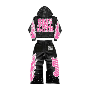 ชุดเซ็ตเสื้อฮู้ดซิปและกางเกงสเวตแพนท์ทรงขาบานลายกราฟิกแบบฟaded สไตล์สตรีทแวร์ ประดับคริสตัล ล้างสีแบบ Acid Wash ผ้าฝ้าย ชุดวอร์มทรงขาบานสำหรับผู้ชาย - Product Image 4