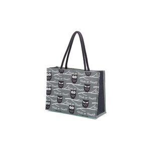 Bolsa de compras de arpillera de yute ecológica, logotipo impreso personalizado, reutilizable, cuero de moda, mango de PVC, tejido duradero, acolchado, Color negro - Product Image 1