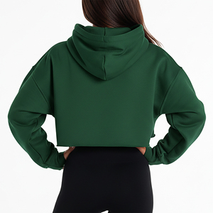 Nueva llegada: Sudadera corta para mujer, verde liso, hombros caídos, manga larga, logo bordado, estilo casual para otoño, y capucha personalizable. - Product Image 5
