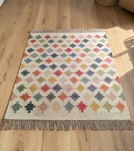 Handmade Wool Flat Weave <b>Thin</b> Low Pile <b>Rug</b> Colorful Diamond Pattern Dhurrie Kilim with Tassels for Modern Interiors - Product Image 3