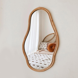 Wavy shaped mirror best choice home <b>accessory</b> hand-made rattan trim mirrors for wall <b>decoration</b> - Product Image 4