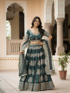 Ensemble de jupe de mariée en crêpe français traditionnel avec voile en filet orné de fils Zari et de sequins, tenue de mariage de créateur pour femme - Product Image 3
