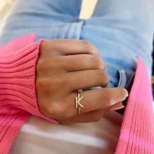 Initial Letter <b>Stacking</b> <b>Rings</b> 14k Solid Gold Pave Round Lab Grown Diamond Everyday Wear Minimalist Personalised Alphabet Jewelry - Product Image 2