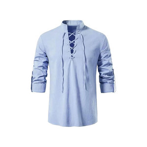 Chemise blanche à manches courtes pour homme avec col mandarin, détails à lacets sur le devant et sur les manches, haut décontracté d'été - Product Image 3