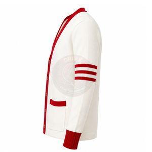 custom sorority white <b>cardigans</b> acrylic knitted V-neck <b>women's</b> sweaters <b>red</b> trim fraternity Greek embroidery logo varsity - Product Image 3