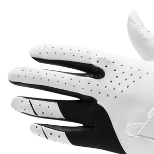 Guantes de Golf de Rendimiento Híbrido |   Palma de cuero genuino blanco con expansión de nudillos elásticos negros |   Ropa de Golf Transpirable y de Ajuste Suave - Product Image 5