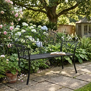 Weatherproof Powder Coated Wrought Iron European Design KHP Park <b>Bench</b> Custom Hand Forged <b>Metal</b> <b>Garden</b> Long Chair 2-Seater - Product Image 2