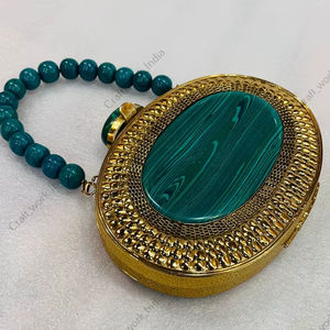 Oval Malachite Gemstone Panel Clutch with Beaded Stone Handle <b>Gold</b> Tone Metal Frame Handmade Luxury Statement <b>Bag</b> for wedding - Product Image 1