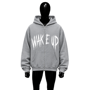 Sweat-shirt à capuche gris oversize avec fermeture éclair, imprimé graphique Wake Up, streetwear pour homme, fermeture éclair intégrale, mode urbaine décontractée, coupe hiver - Product Image 1