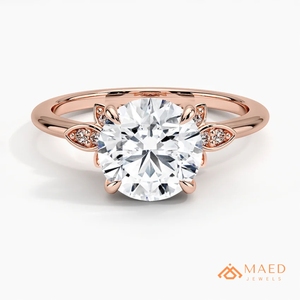 Bague en Moissanite Ronde en Or Rose pour Femme, avec Accent Feuille et Halo, Bague de Fiançailles Nuptiale, Bijou Tendance, Cadeau de Joaillerie Fine de Luxe - Product Image 1