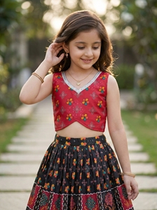Shoryam - Conjunto de Top Corto y Lehenga Choli con Estampado Floral para Niñas, Vestido Étnico Tradicional Negro para Fiestas - Product Image 6