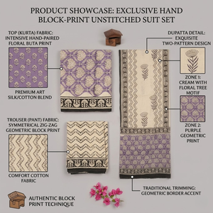Traje Indio de Algodón con Estampado Floral en Crema, Beige y Morado |   Ropa Étnica Femenina de Alta Calidad con Estampado a Mano |   Conjunto Elegante e Informal de Boutique - Product Image 6