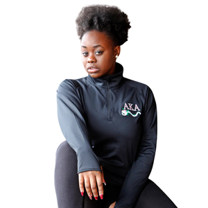 Black <b>Quarter</b> <b>Zip</b> Pullover Lightweight Performance Long Sleeve Mock Neck Jacket with Pink & Green Embroidery - Product Image 4