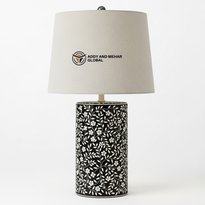 Handcrafted <b>Blue</b> Bone Inlay <b>Table</b> Lantern with Floral Pattern Luxury Decorative <b>Bedside</b> Lamp with Fabric Shade for Home & Hotel - Product Image 1