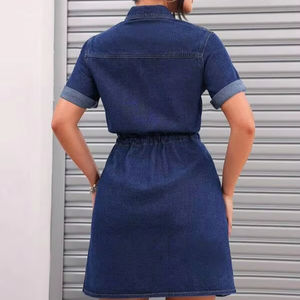 MOD Vestido vaquero sin mangas con cuello cuadrado plisado de color liso y dobladillo asimétrico para mujer - Product Image 1