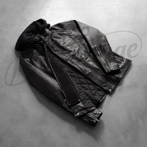 Chaqueta de Cuero Negra para Hombre, Estilo Motero, con Capucha Desmontable, Corte Ajustado, Cuero Genuino, Informal, para Motocicleta, Ropa de Calle - Product Image 2