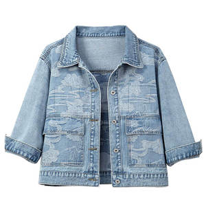 Blazer de Mezclilla Azul Claro para Mujer, Manga Tres Cuartos, Cuello Camisero, Patrón Bordado, Corte Corto, Ropa de Primavera - Product Image 1