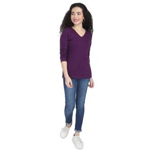Camiseta de Punto de Manga Larga con Cuello en V para Mujer, Color Morado, Corte Regular, Informal, para Todas las Temporadas - Product Image 5