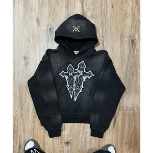 Conjunto Deportivo de Invierno Unisex para Hombre, Sudadera con Capucha y Pantalones Acampanados con Cierre, Bordado Desgastado y Parches, Lavado Ácido - Product Image 2