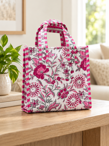 Sac fourre-tout matelassé en coton pour femme Veer Handicrafts QB-002, imprimé palmiers tropicaux rayés bleus, poignées vertes, fermeture éclair, plage - Product Image 2