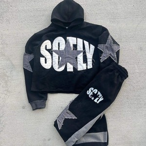 100% Cotton Fleece Distressed <b>Embroidery</b> Applique Tracksuit Breathable Washed Hoodie Pants Oversized Distressed <b>Embroidery</b> Suit - Product Image 1