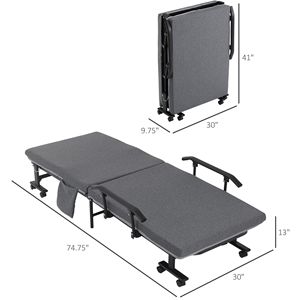 Portable Dark Grey Rollaway <b>Bed</b> with Adjustable Backrest <b>Folding</b> Guest <b>Bed</b> on Wheels - Product Image 3