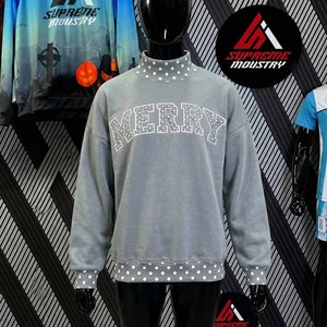 NFE Applique Embroidered Letter Sweatshirt Mock Neck Purple <b>Checkered</b> Collar Oversized Unisex Pullover Autumn Casual Style - Product Image 3