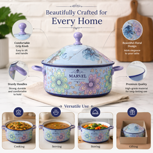 Casserole en acier émaillé bleu floral de qualité supérieure Marvel Handicrafts avec couvercle, pot de service à rétention de chaleur, ustensile de cuisine élégant, cadeau - Product Image 5