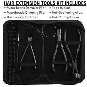 Kit complet d'outils pour extensions de cheveux noirs avec pinces de 7 pouces, pince à bandes adhésives, ensemble de crochets à micro-anneaux pour sertissage, et doigtier de séparation - Product Image 2