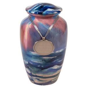 Urna Funeraria Waves de Aluminio para Adultos con Diseño de Atardecer en Acuarela, Color Blanco, Capacidad de 200 Pulgadas Cúbicas, Estilo Americano - Product Image 1