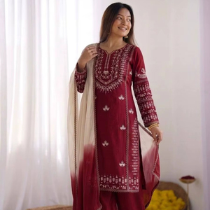 Designer Indian Ethnic Suit Set with Farshi Pant | Rayon Cotton <b>Kurti</b> with Heavy Georgette Dupatta for Women - Product Image 1