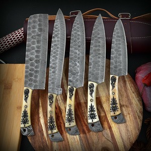 Custom Handmade Durable Five-Piece Chef <b>Set</b> Ambidextrous Straight Edge <b>Sharp</b> Blades Damascus Steel Bone Handle Leather - Product Image 6