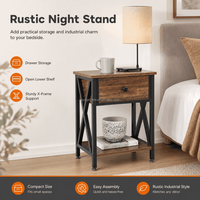 Table de chevet rustique industrielle avec tiroir et étagère ouverte, structure en métal en X, fabrication OEM ODM, pour chambre à coucher