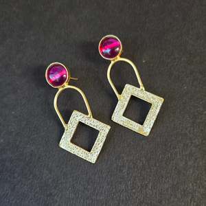 Classic Vintage Charm Earrings-Yellow Gold Square Danglers with Pearl - Product Image 2