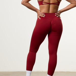 Leggings de yoga taille haute longueur intégrale couleur unie sans couture pour femme, pantalon de sport en Spandex et Polyester rouge avec taille élastique - Product Image 2