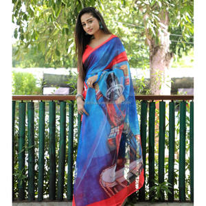 Yellow and <b>Red</b> Linen Digital Print <b>Saree</b> Party Wear Dress - Product Image 1
