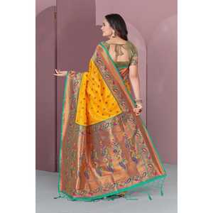 Sari en soie Paithani Meenakari jaune original, tissé avec des fils Zari, robe de soirée élégante - Product Image 3