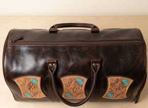 Leather Duffle Bag With Embroidered Patches Zipper Closure Vintage Style Travel Bag <b>Large</b> Size - Product Image 2