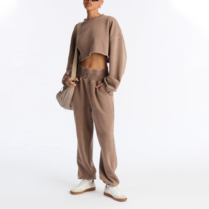 Conjunto de 2 Piezas de Felpa para Mujer, Sudadera Corta y Pantalones Holgados, Color Marrón Sólido, Ropa Casual para Todas las Temporadas, Venta al Por Mayor - Product Image 1