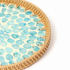 Bandeja Redonda de Madera y Ratán con Elegante Incrustación de Madreperla Azul para Decoración del Hogar, Regalo de Inauguración y Presentación de Alimentos - Product Image 2
