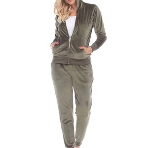 OEM Custom Logo Spring Autumn <b>Womens</b> Heavyweight 100% Cotton <b>Velour</b> Embroidered <b>Tracksuit</b> Set Full Zip Hoodie Straight Leg - Product Image 4