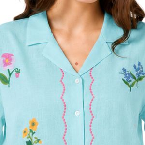 Blusa de algodón azul acuamarina con bordado floral para mujer, de manga corta, con botones, informal, de verano, con cuello, personalizada, a la moda, OEM - Product Image 5