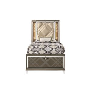 Cama Matrimonial Skylar con LED y Almacenamiento, Tapizada en Cuero Sintético y Acabado en Champán Oscuro - Product Image 1