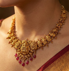 22K Solid <b>Gold</b> Temple Necklace <b>Set</b> | Traditional Indian Bridal <b>Jewellery</b> | Antique Finish Handcrafted <b>Gold</b> Haram - Product Image 1