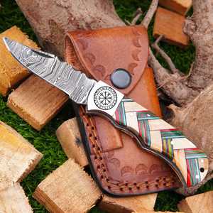 Navaja Plegable Artística con Punta Afilada, para Uso General y Bricolaje, de Acero de Damasco, con Mango Recto de Madera y Diseño Floral Grabado, con Soporte para el Pulgar - Product Image 3