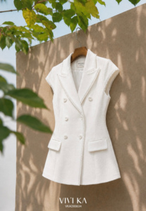 Chaleco Blazer Elegante de Lana para Mujer, Color Blanco Sólido, Doble Botonadura, Manga Casquillo, Antiestático, para Oficina y Negocios, Diseño Personalizado ODM OEM - Product Image 5