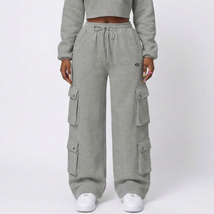 Trendy Heather Grey Cotton Fleece Two Piece Tracksuit Set Women Half <b>Zip</b> Cropped Pullover Multi Pocket Cargo Pant Casual Apparel - Product Image 4