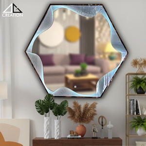 Un espejo con marco de PVD SS impresionante, con patrones geométricos cortados con láser que brillan con colores LED vibrantes, perfecto para espacios modernos. - Product Image 2