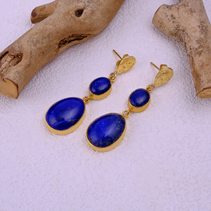 Boucles d'oreilles pendantes en lapis-lazuli naturel, plaquées or, faites à la main, pierres précieuses, bijoux bohèmes pour femmes, vente en gros - Product Image 4